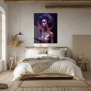 Afrofuturistic Queen Glass Wall Art – Vibrant Tribal Portrait with UV Neon Accents in Blue and Orange-KAFCD230