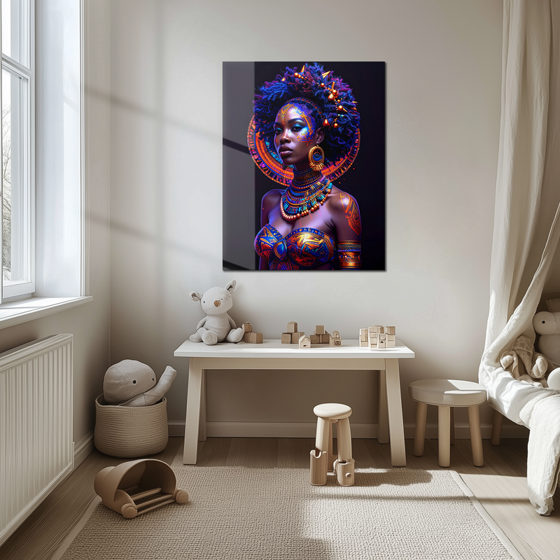 Afrofuturistic Queen Glass Wall Art – Vibrant Tribal Portrait with UV Neon Accents in Blue and Orange-KAFCD230