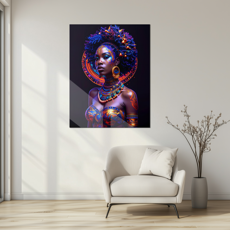 Afrofuturistic Queen Glass Wall Art – Vibrant Tribal Portrait with UV Neon Accents in Blue and Orange-KAFCD230