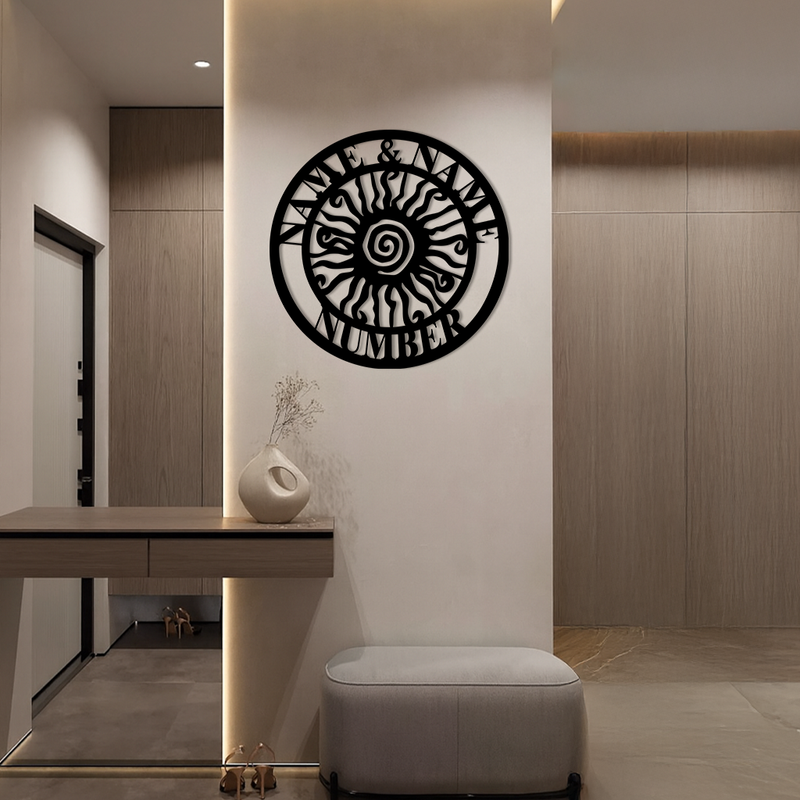Personalized Sun Spiral Metal Wall Art – Custom Name & Number Outdoor Decor - KAFGP129