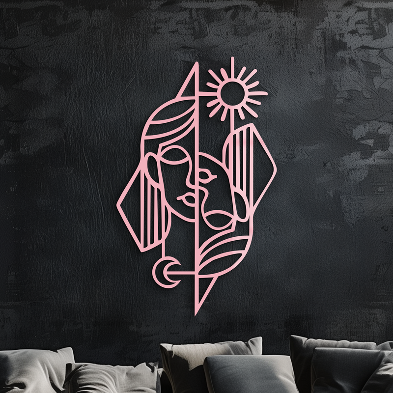 Abstract Face Metal Wall Art – Sun and Moon Geometric Line Design - KAFGP135