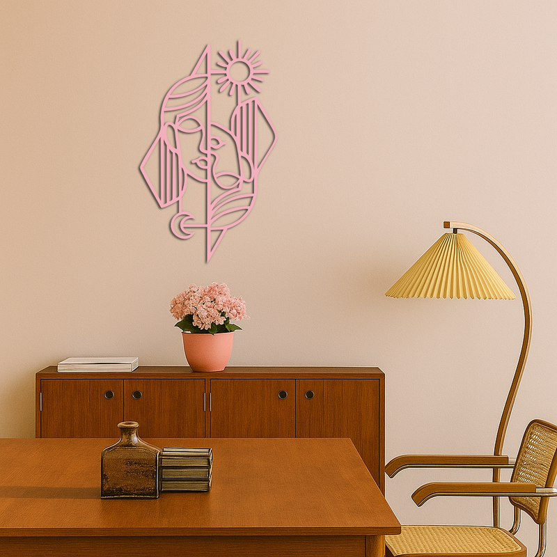 Abstract Face Metal Wall Art – Sun and Moon Geometric Line Design - KAFGP135