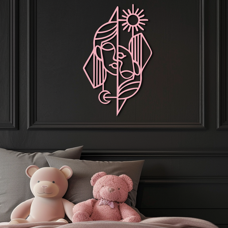 Abstract Face Metal Wall Art – Sun and Moon Geometric Line Design - KAFGP135