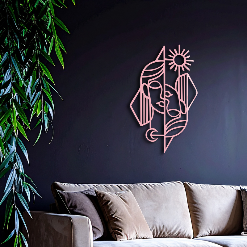 Abstract Face Metal Wall Art – Sun and Moon Geometric Line Design - KAFGP135