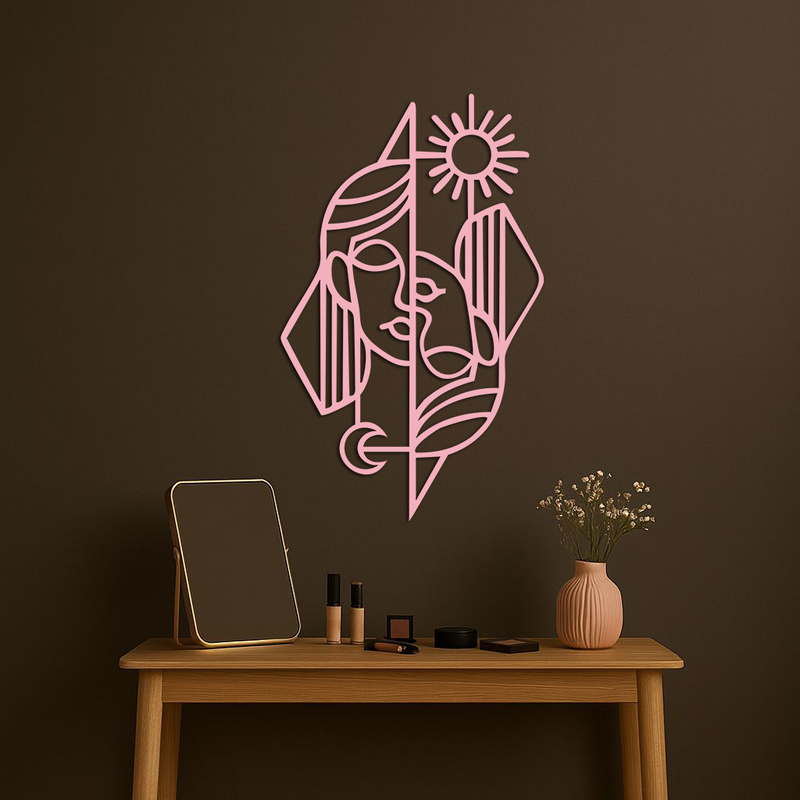 Abstract Face Metal Wall Art – Sun and Moon Geometric Line Design - KAFGP135