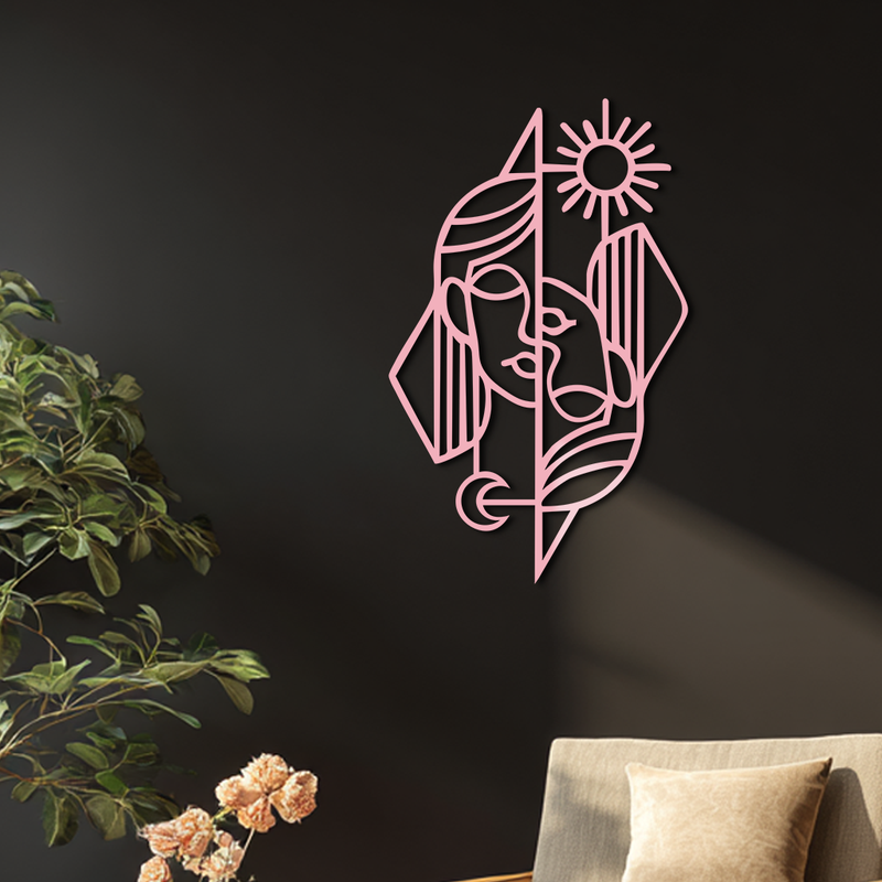 Abstract Face Metal Wall Art – Sun and Moon Geometric Line Design - KAFGP135