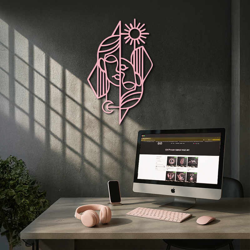 Abstract Face Metal Wall Art – Sun and Moon Geometric Line Design - KAFGP135