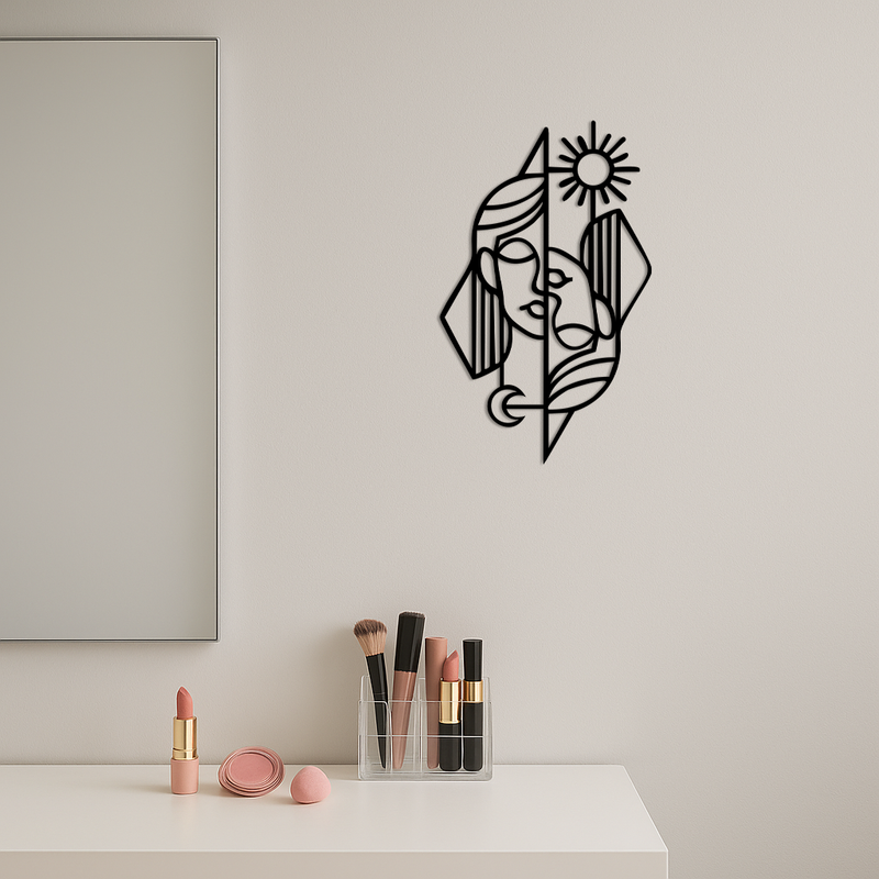 Abstract Face Metal Wall Art – Sun and Moon Geometric Line Design - KAFGP135