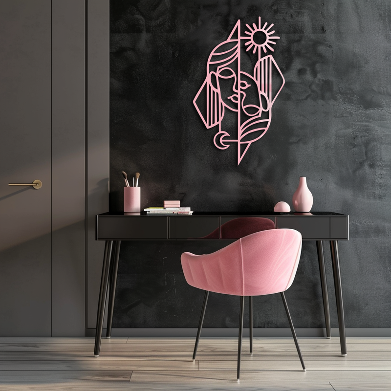 Abstract Face Metal Wall Art – Sun and Moon Geometric Line Design - KAFGP135