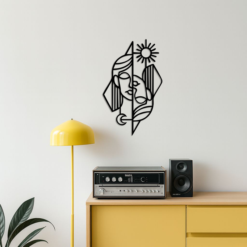 Abstract Face Metal Wall Art – Sun and Moon Geometric Line Design - KAFGP135