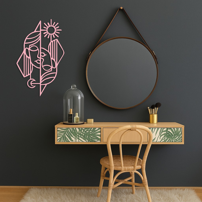 Abstract Face Metal Wall Art – Sun and Moon Geometric Line Design - KAFGP135