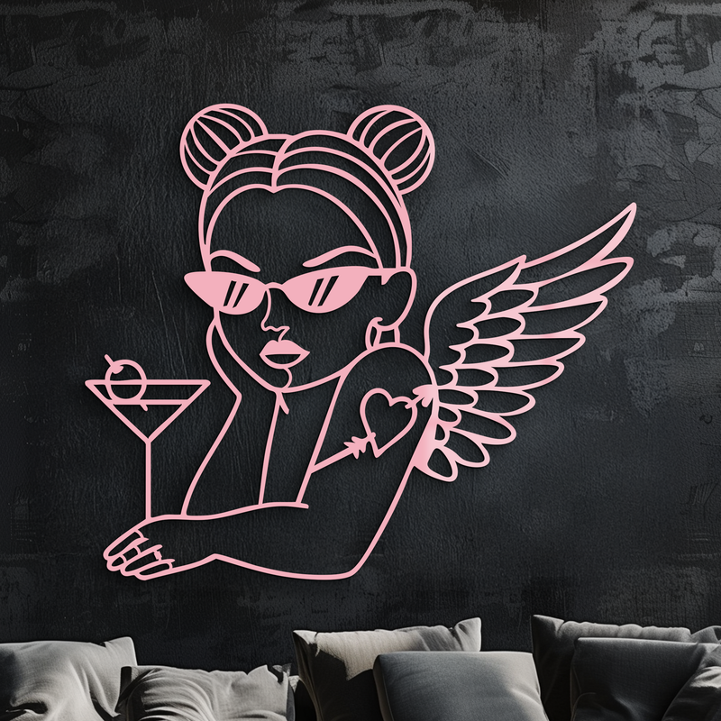 Angel Girl with Sunglasses and Cocktail – Pink Metal Wall Art - KAFGP176