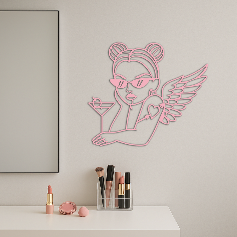 Angel Girl with Sunglasses and Cocktail – Pink Metal Wall Art - KAFGP176