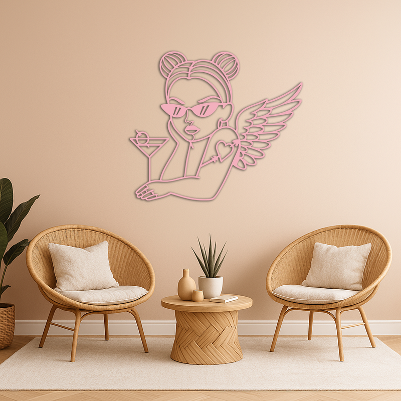 Angel Girl with Sunglasses and Cocktail – Pink Metal Wall Art - KAFGP176