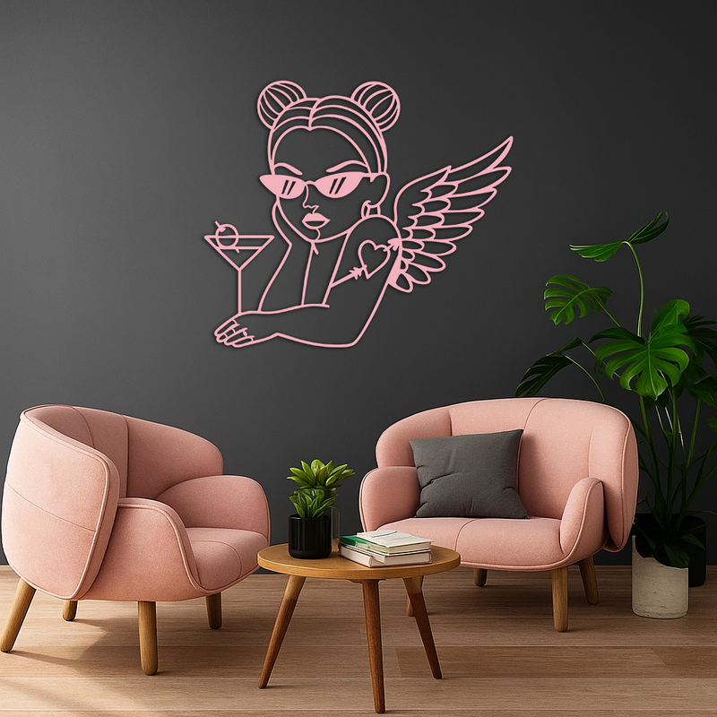 Angel Girl with Sunglasses and Cocktail – Pink Metal Wall Art - KAFGP176