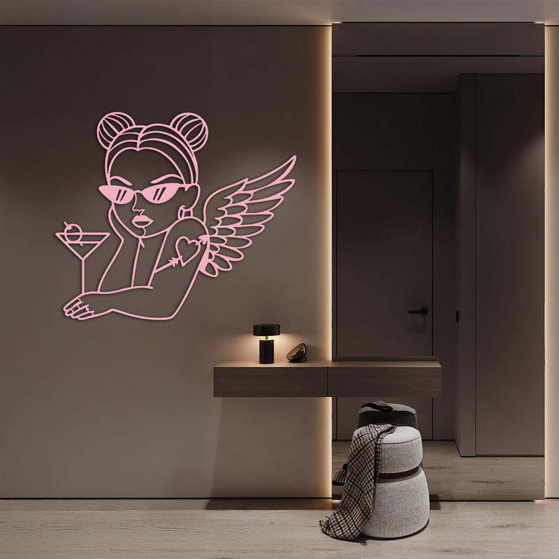 Angel Girl with Sunglasses and Cocktail – Pink Metal Wall Art - KAFGP176