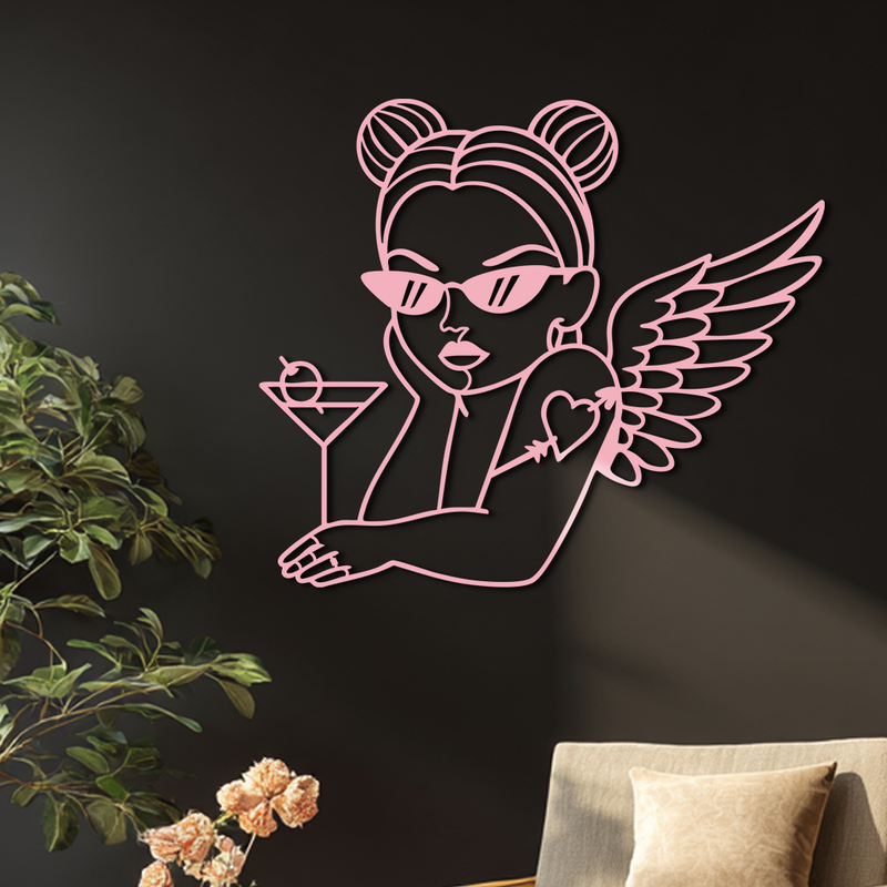 Angel Girl with Sunglasses and Cocktail – Pink Metal Wall Art - KAFGP176