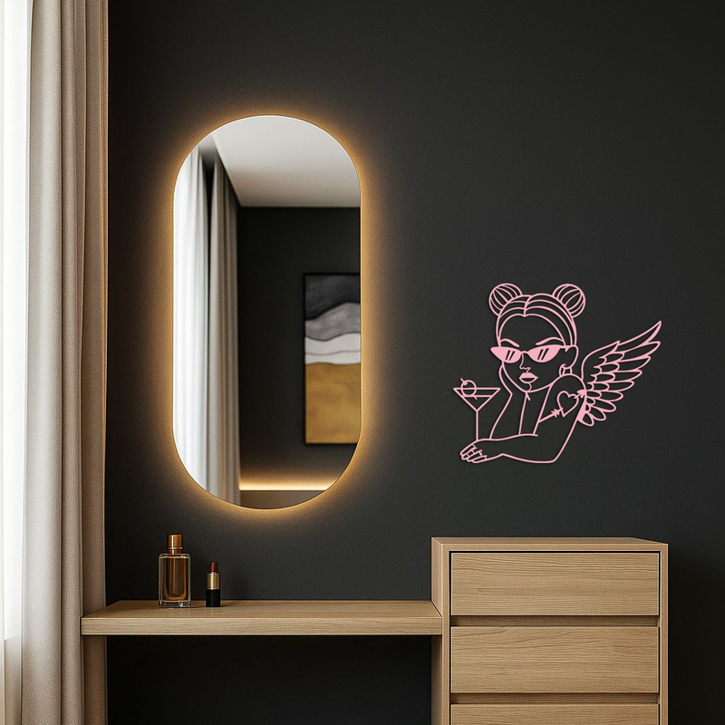Angel Girl with Sunglasses and Cocktail – Pink Metal Wall Art - KAFGP176