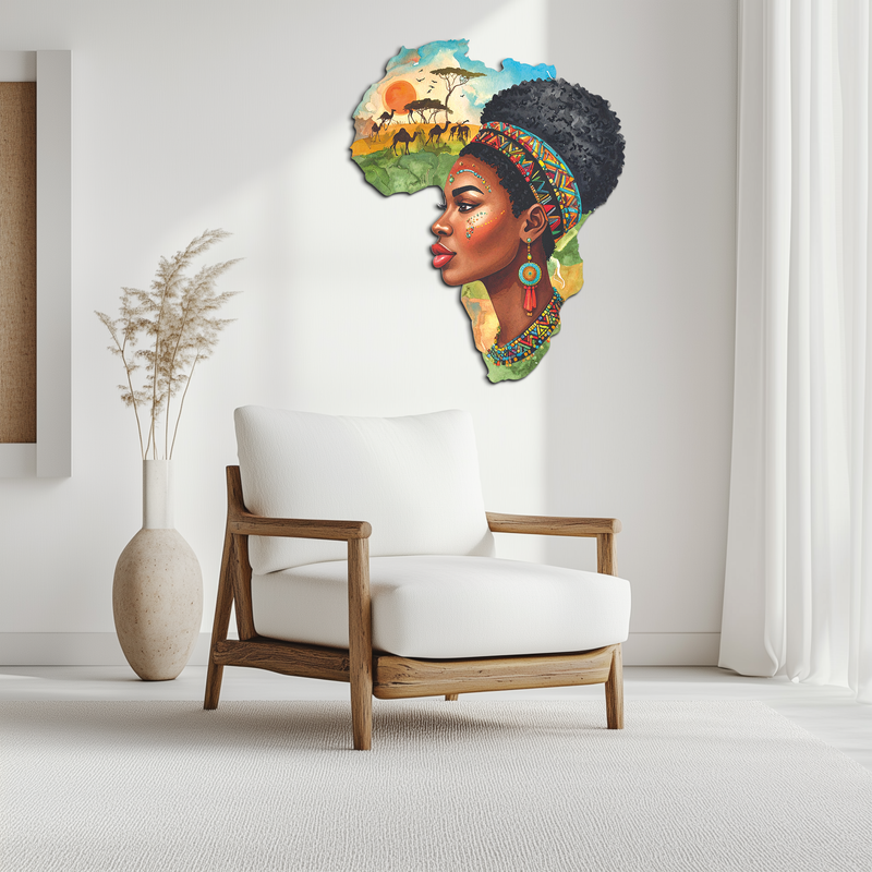 African Woman in Map Metal Wall Art – Cultural UV Printed Decor-KAFUVM012