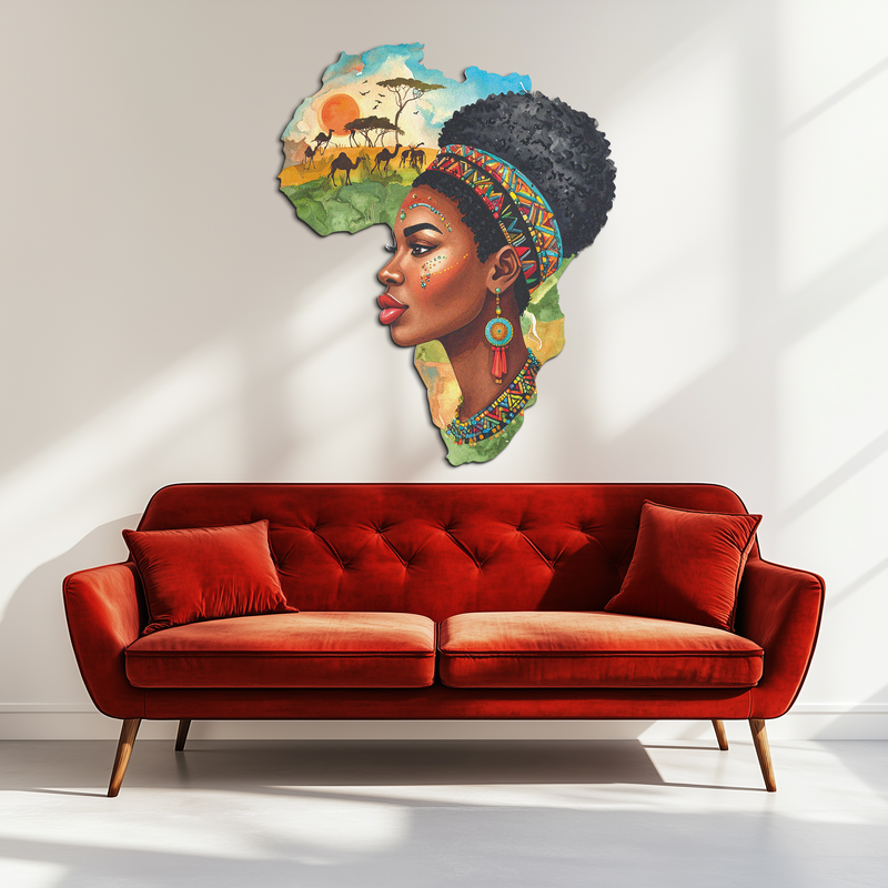 African Woman in Map Metal Wall Art – Cultural UV Printed Decor-KAFUVM012
