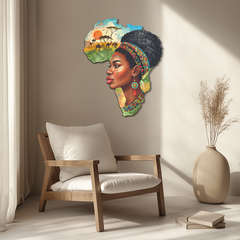 African Woman in Map Metal Wall Art – Cultural UV Printed Decor-KAFUVM012
