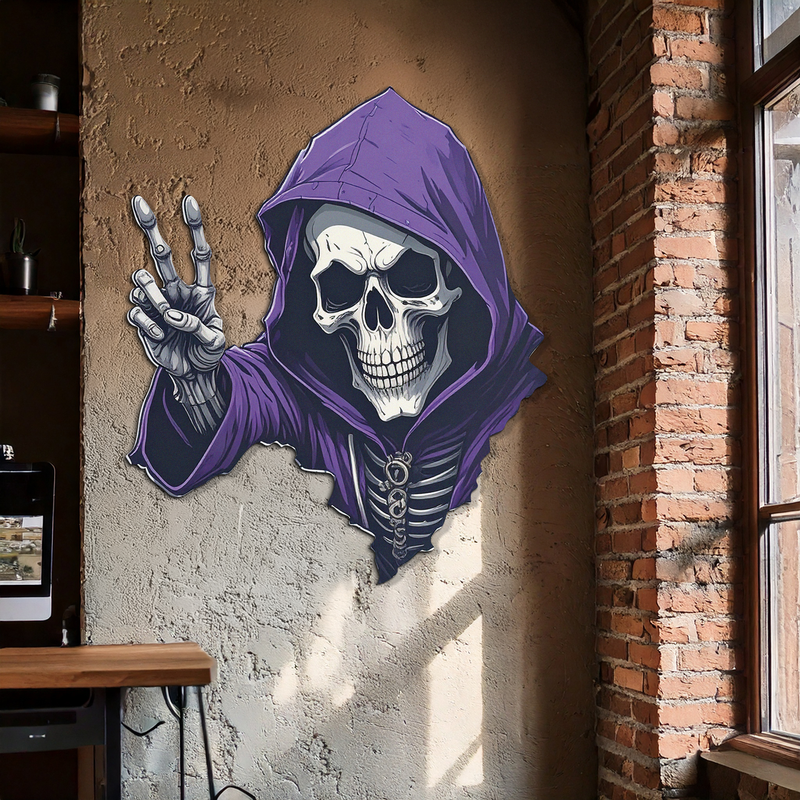 Grim Reaper Peace Metal Wall Art – Purple Skull UV Print Decor-KAFUVM019