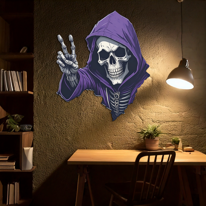 Grim Reaper Peace Metal Wall Art – Purple Skull UV Print Decor-KAFUVM019