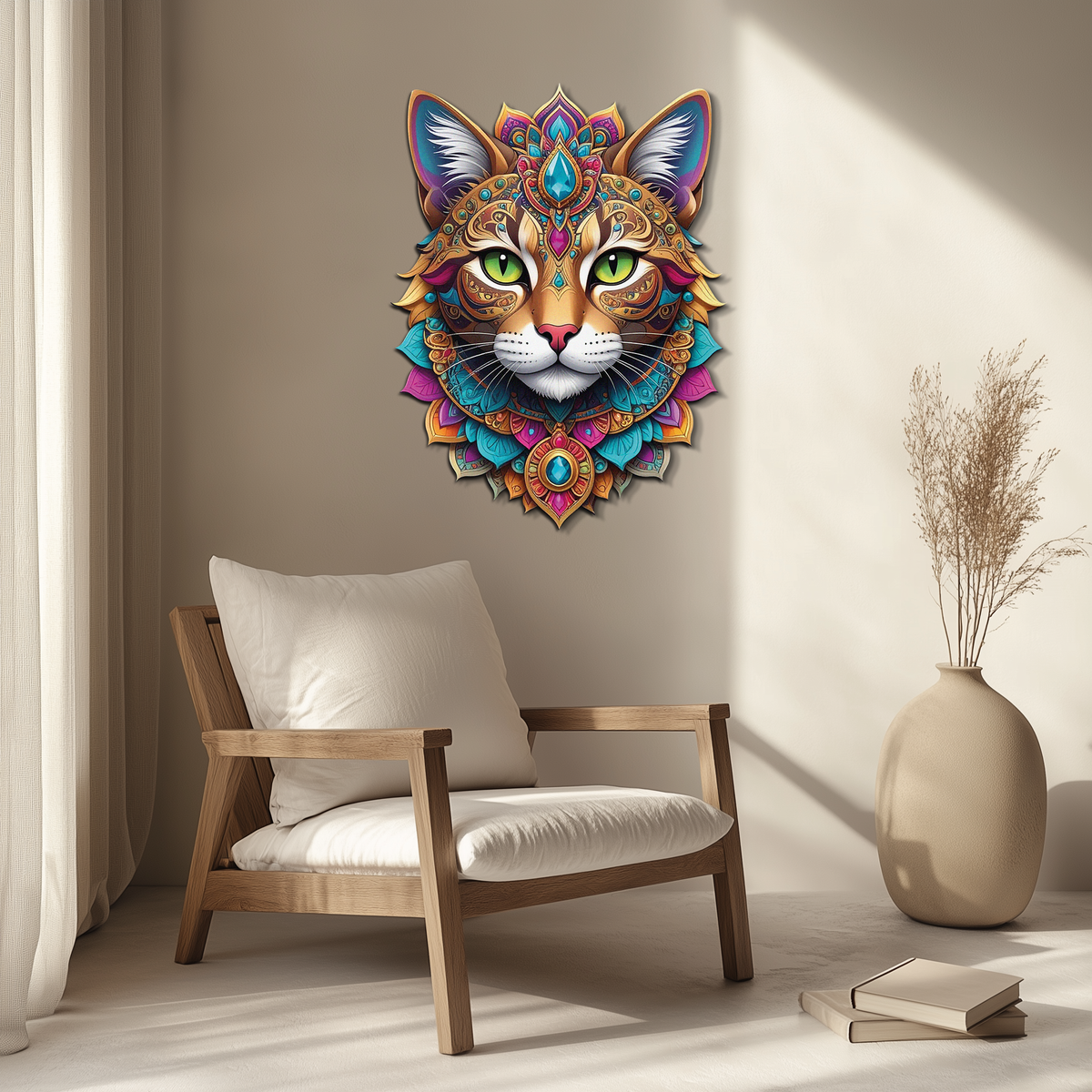 Psychedelic Mandala Cat Wall Art – Vibrant Boho Decor-KAFUVM025, photo 4 of 9