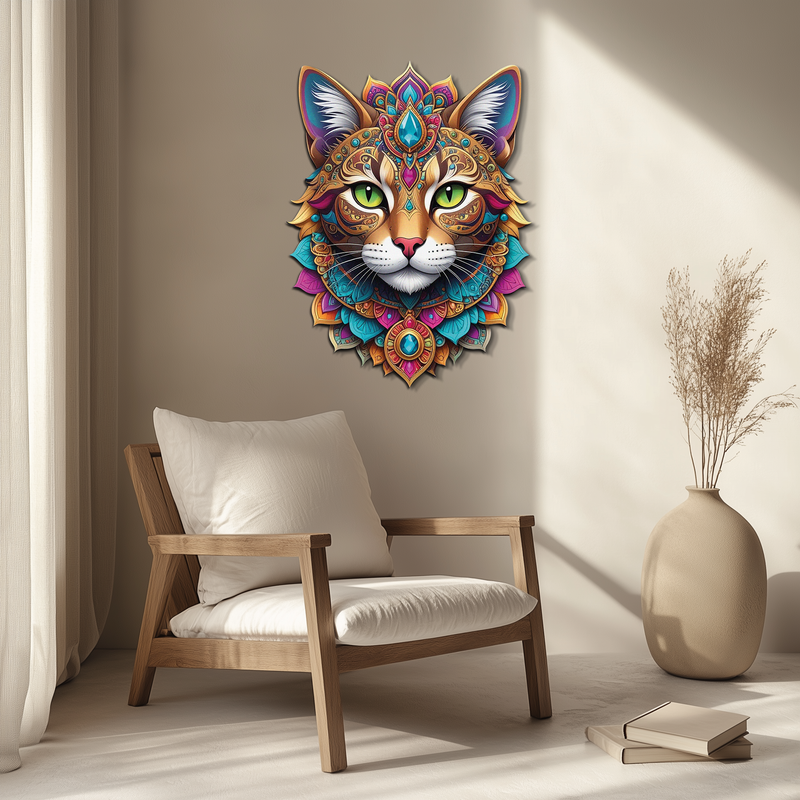 Psychedelic Mandala Cat Wall Art – Vibrant Boho Decor-KAFUVM025