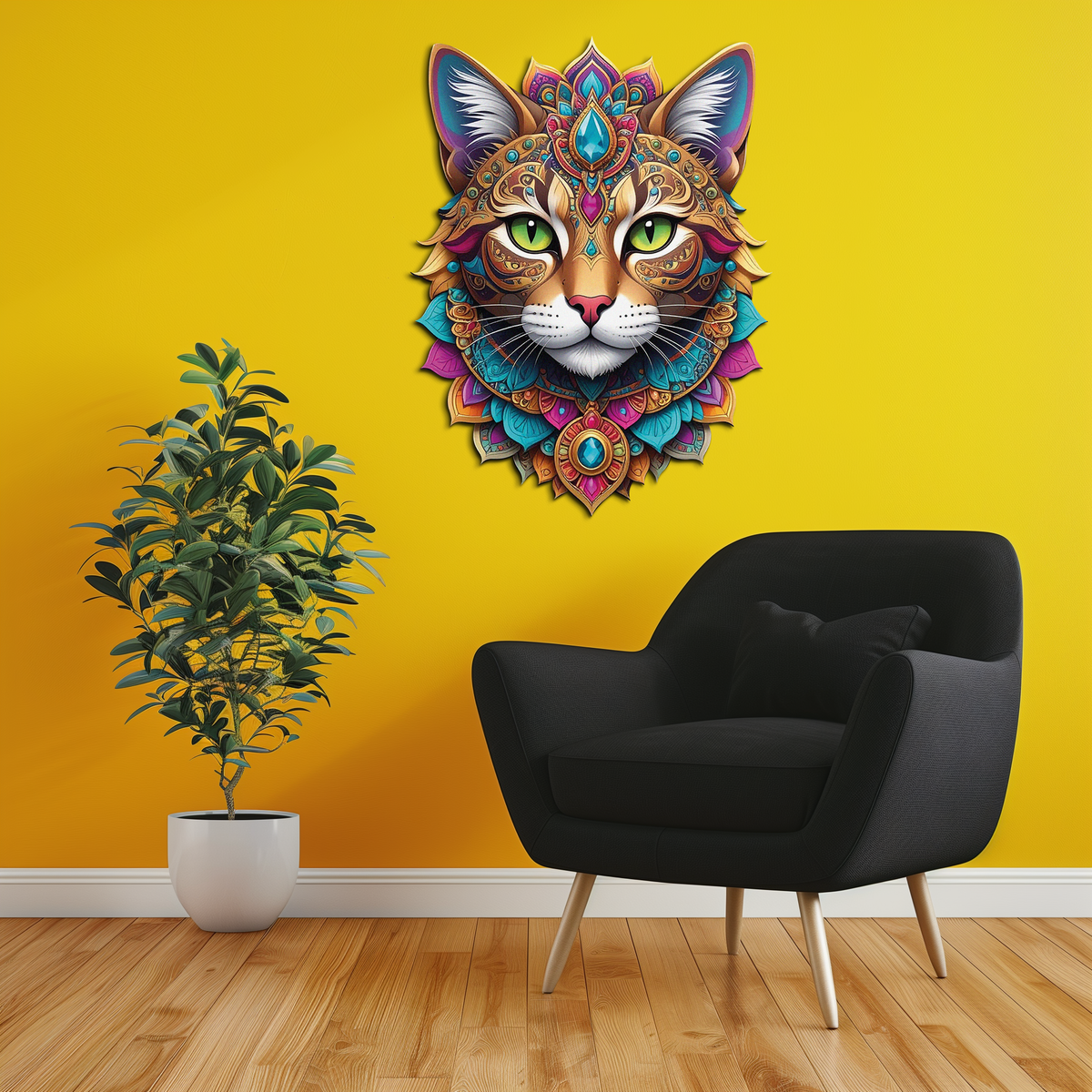 Psychedelic Mandala Cat Wall Art – Vibrant Boho Decor-KAFUVM025