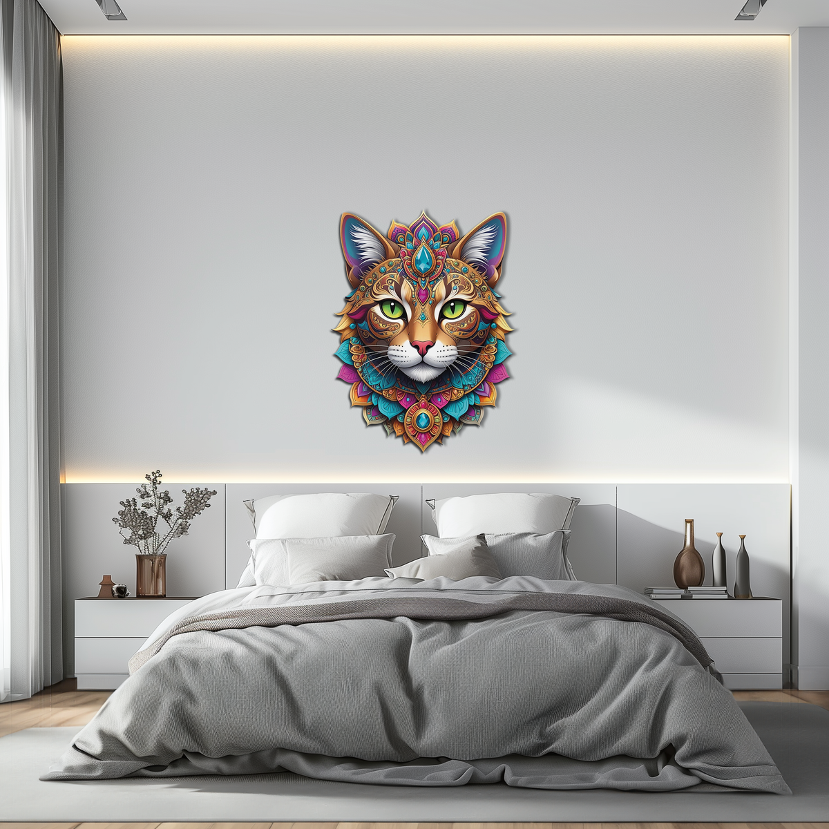 Psychedelic Mandala Cat Wall Art – Vibrant Boho Decor-KAFUVM025, photo 6 of 9