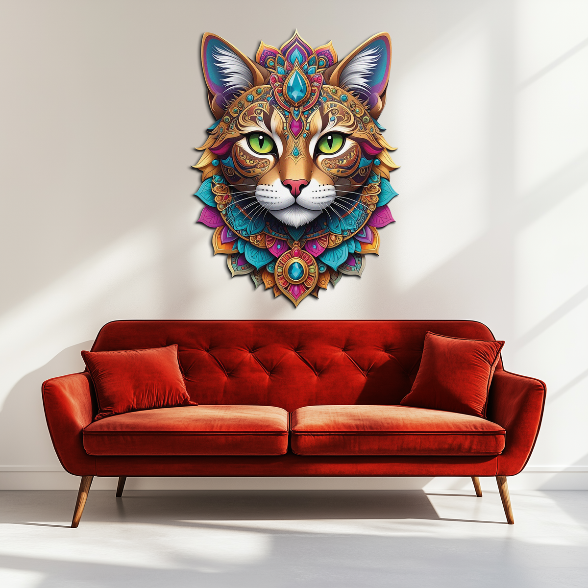 Psychedelic Mandala Cat Wall Art – Vibrant Boho Decor-KAFUVM025, photo 3 of 9