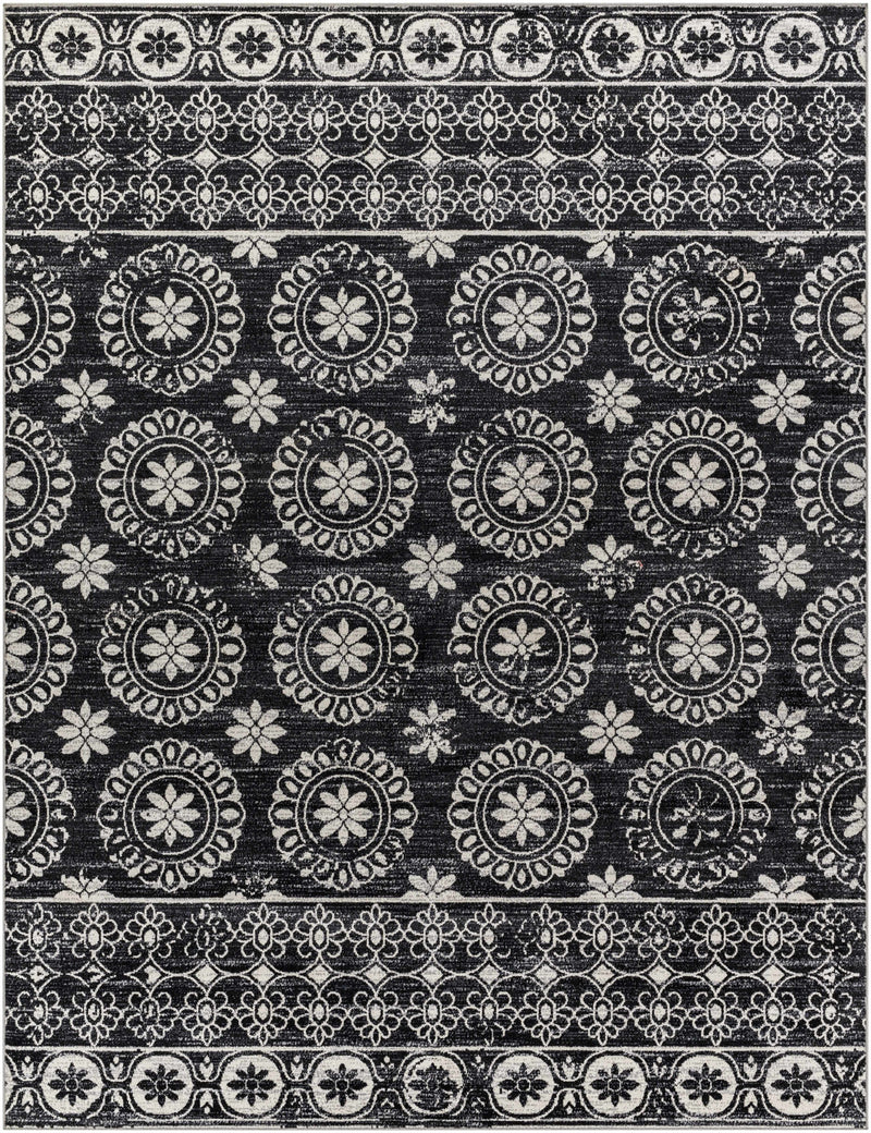 Kahraman Black&White Floral Washable Area Rug