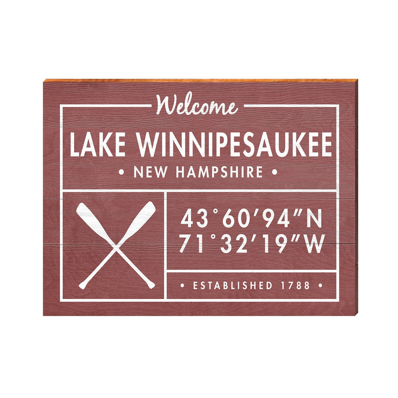 Lake Winnepesaukee, New Hampshire Oars Coordinates Wooden Sign | Wall Art Print on Real Wood | Lodge Red Latitude Longitude Decor