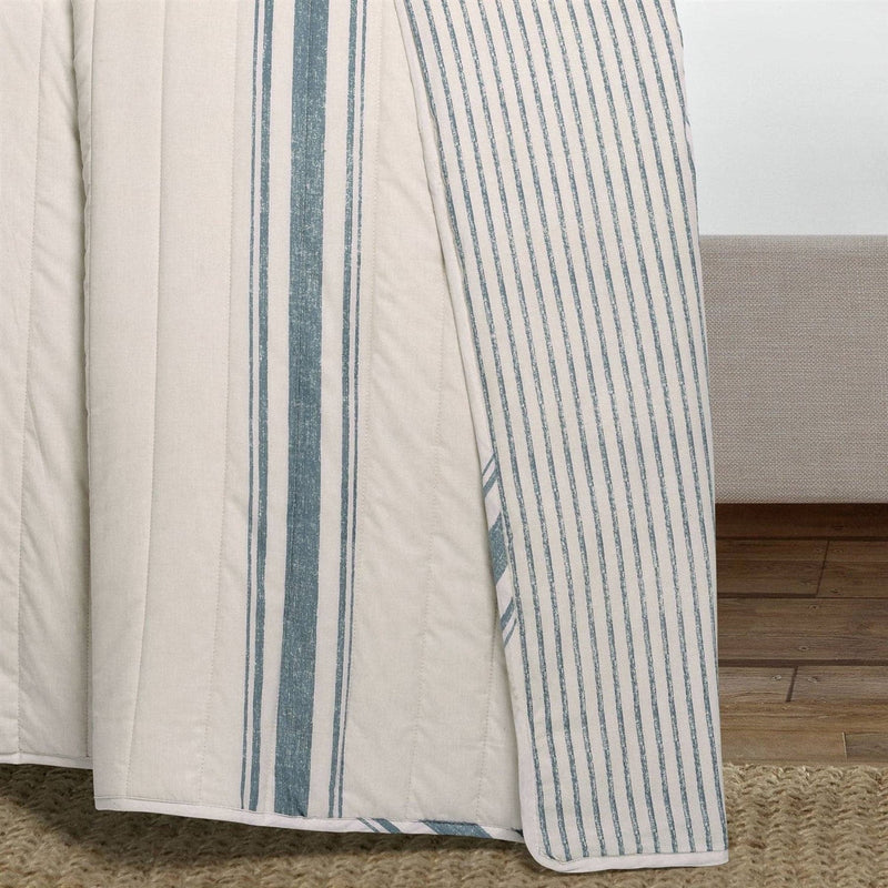 King size Blue Off-White Cream Stripe 3 Piece Reversible Cotton Quilt Set, photo 4 of 5