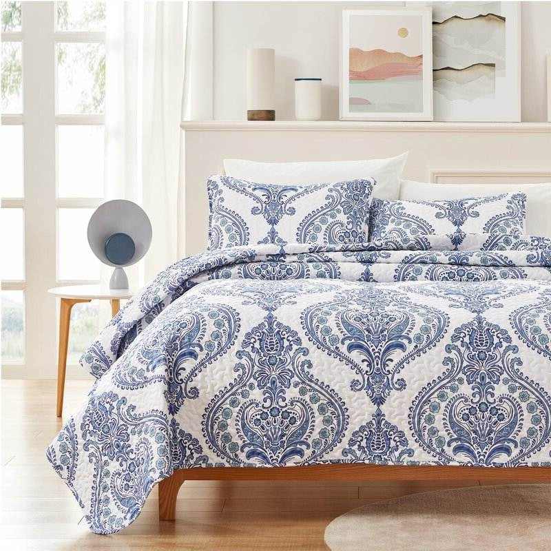 King Size Soft Microfiber Reversible Blue/White Baroque Floral Design Quilt Set, photo 2 of 5