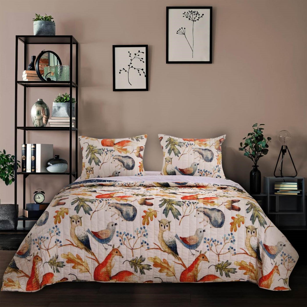 King 3 Piece Blue Beige Birds Animals Floral Microfiber Reversible Quilt Set, photo 2 of 4