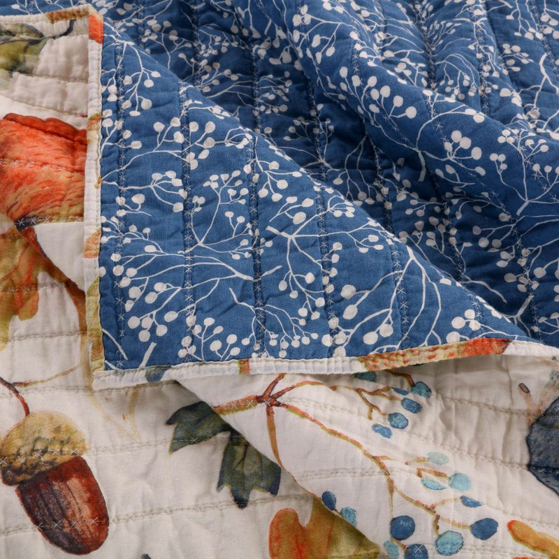 King 3 Piece Blue Beige Birds Animals Floral Microfiber Reversible Quilt Set, photo 4 of 4