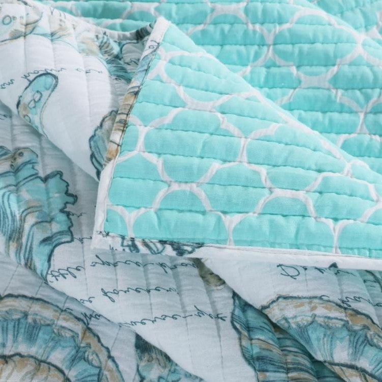 King size Coastal Seashells 3 Piece White Teal Polyester Reversible Quilt Set, photo 2 of 2