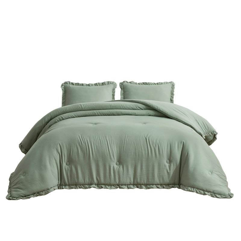Oversized King Sage Microfiber 3-Piece Comforter Set with Ruffled Edge Trim, photo 5 of 5