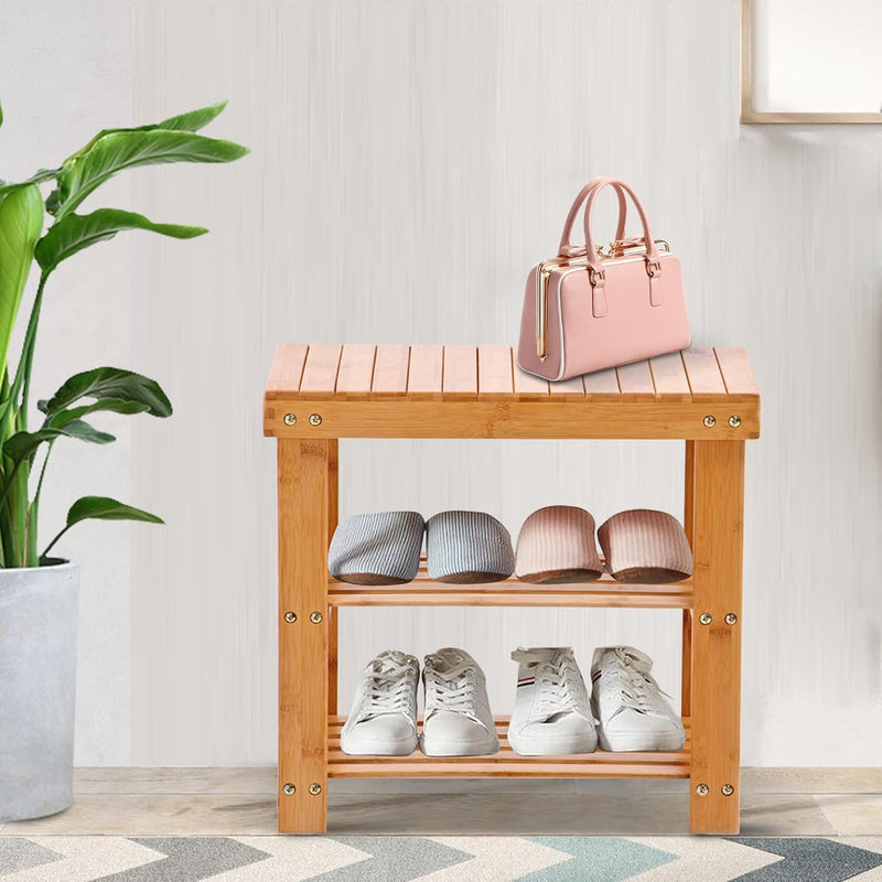 2-Tier Bamboo Shoe Entryway Storage Bench Rack Shoe Organizer