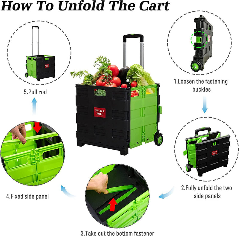 44L Medium Folding Rolling Utility Shopping Cart with Wheels, Black & Green