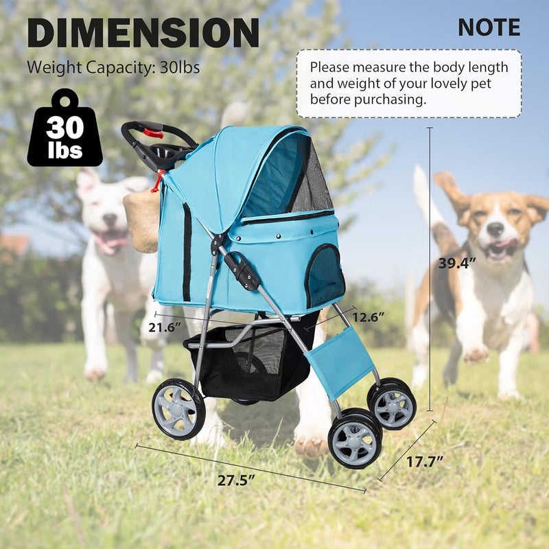 Folding Pet Stroller Elite Jogger Kitten Puppy Easy Walk Dog Cat Small Animals Travel Carrier, Blue