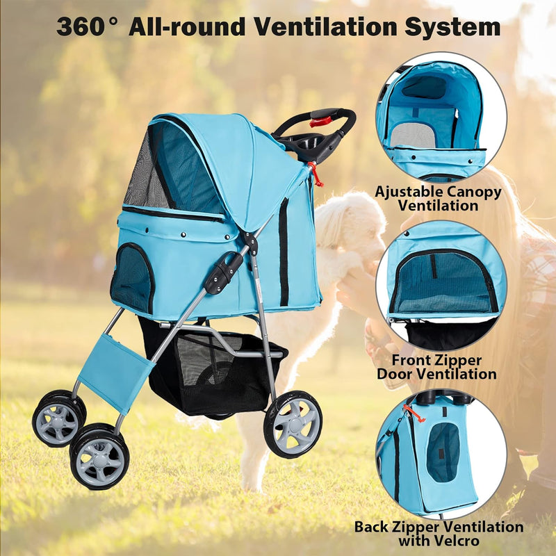 Folding Pet Stroller Elite Jogger Kitten Puppy Easy Walk Dog Cat Small Animals Travel Carrier, Blue