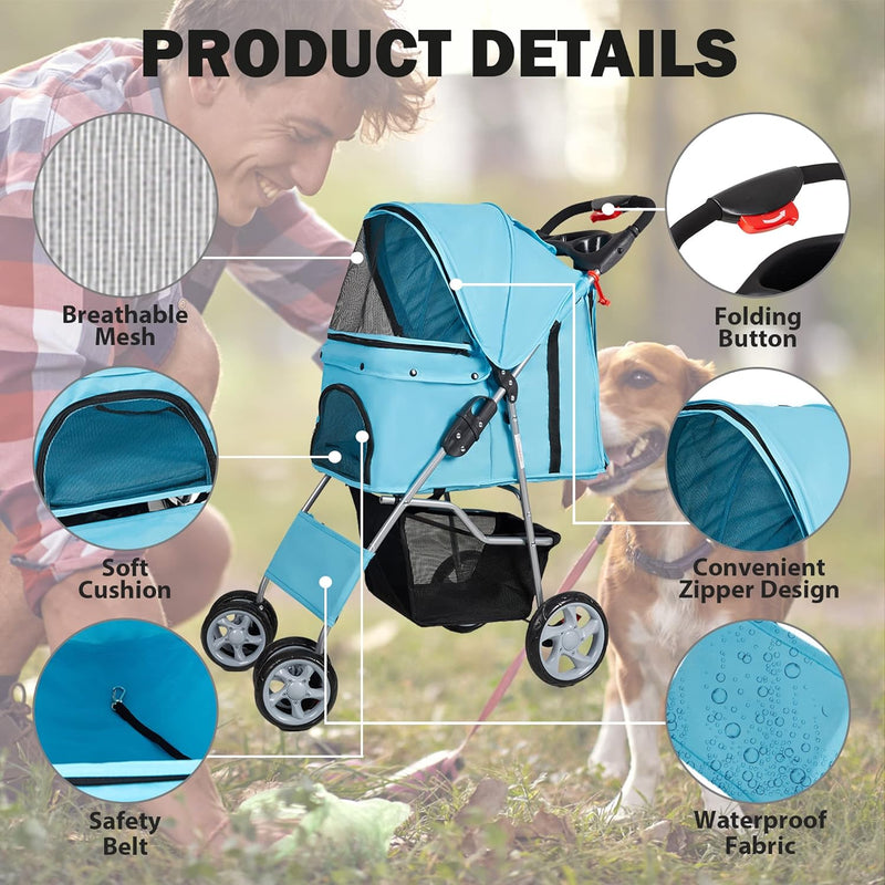 Folding Pet Stroller Elite Jogger Kitten Puppy Easy Walk Dog Cat Small Animals Travel Carrier, Blue