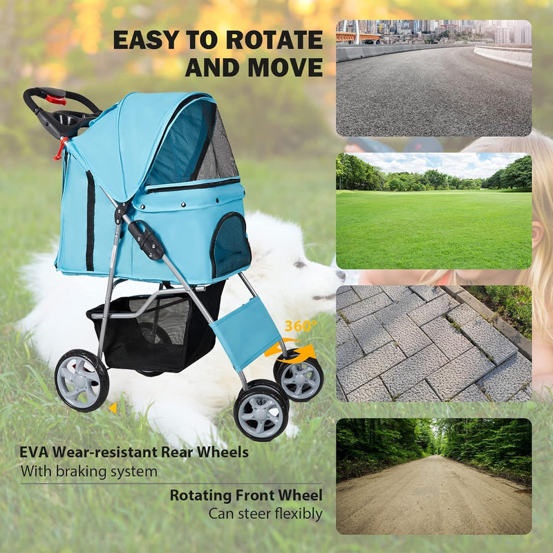 Folding Pet Stroller Elite Jogger Kitten Puppy Easy Walk Dog Cat Small Animals Travel Carrier, Blue