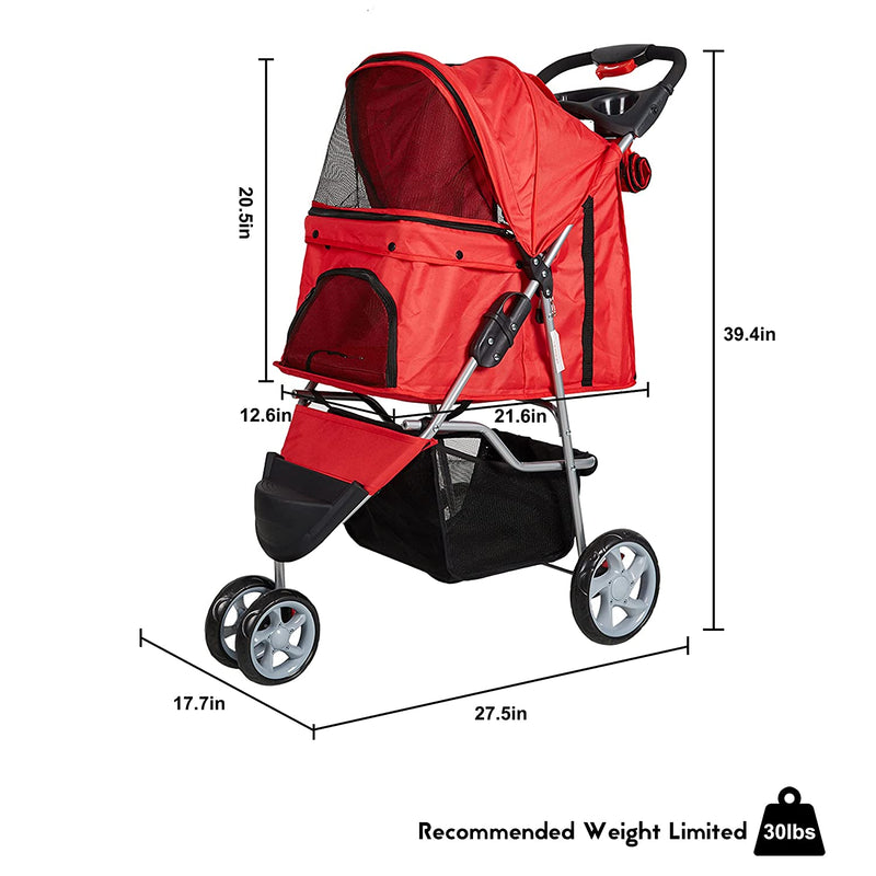 3 Wheels Pet Stroller for Dog Cat Small Animal Folding Walk Jogger Travel Carrier Cart, Red