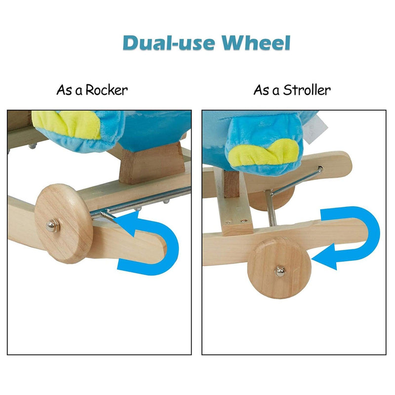 2-in-1 Ride-on Wooden Plush Rocking Horse Chair with Music for Baby Kids Toddlers, Blue Elephant