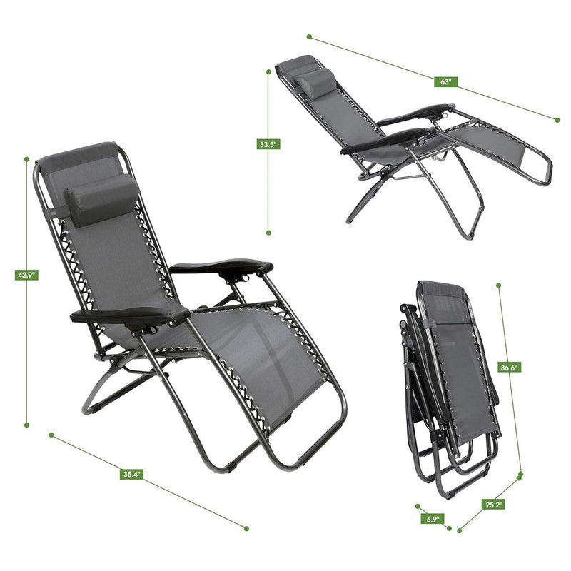 Zero Gravity Patio Adjustable Folding Reclining Chair with Pillow, 2PC Grey