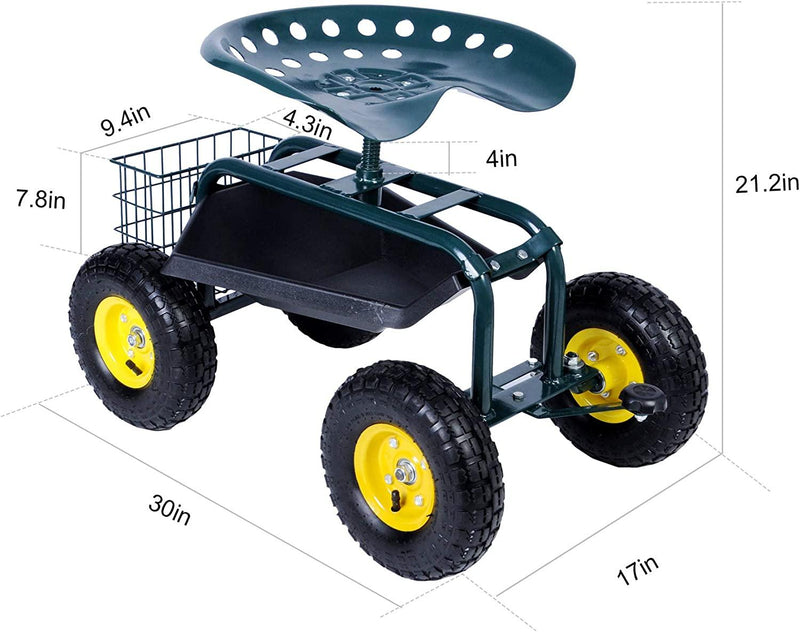 Garden Cart Wagon Scooter Rolling Yard Work Seat  with Tool Tray and 360 Swivel Seat